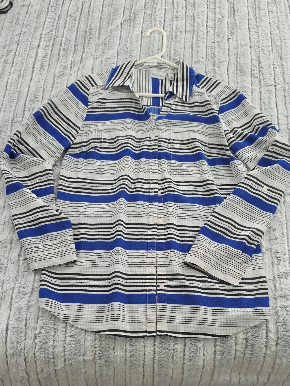 Kim Rogers Blue, Black & White Striped Women's Button-Down Blouse